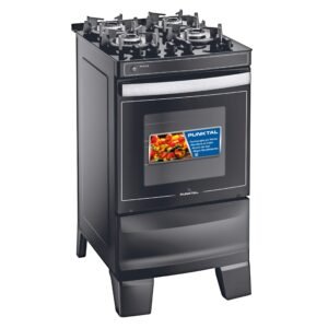 Cocina a gas Punktal PK-GL4B negra, con cuatro hornallas, mesada de vidrio y horno con termocontrol