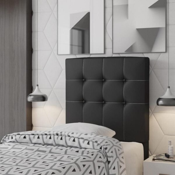 Respaldo de cama Imperial 1 plaza tapizado en tela negra con capitoné, diseño moderno y elegante