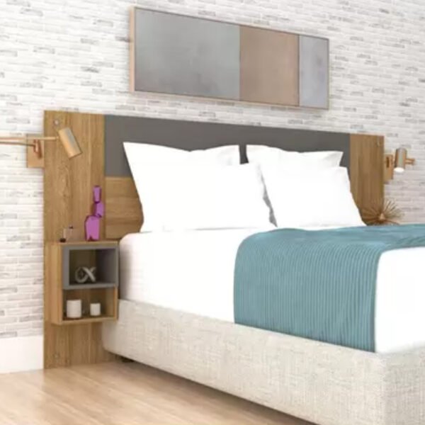 Respaldo Tokio de 2 plazas en color madera con mesa de luz integrada, diseño elegante y funcional para dormitorio