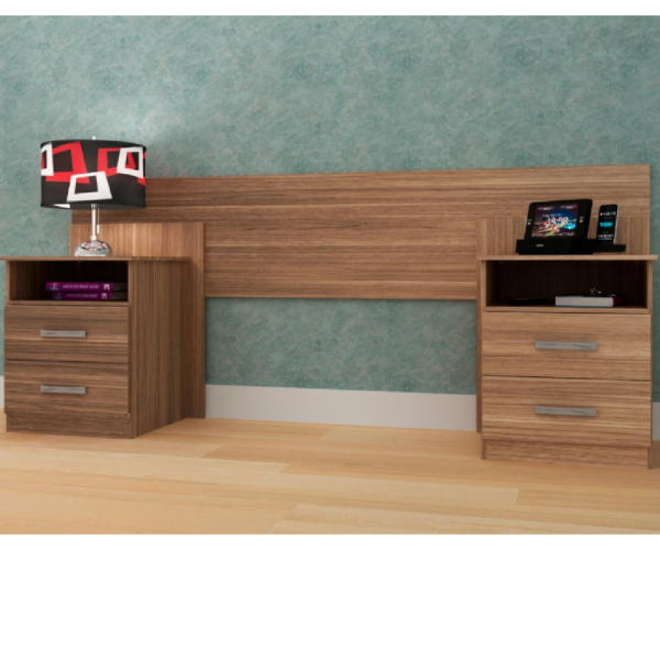Respaldo Garo de 2 plazas en color madera con mesas de luz integradas, diseño elegante y funcional para dormitorio