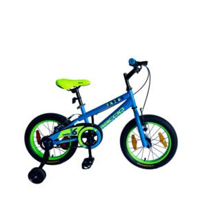 Bicicleta Baccio Bambino rodado 16 en color azul y verde, con ruedas auxiliares y diseño deportivo para niños