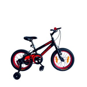 Bicicleta Baccio Bambino rodado 16 en color negro y rojo, con ruedas auxiliares y diseño deportivo para niños
