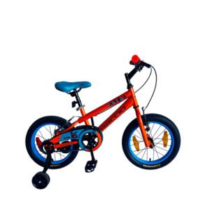 Bicicleta Baccio Bambino rodado 16 en color turquesa y naranja, con ruedas auxiliares y diseño deportivo para niños