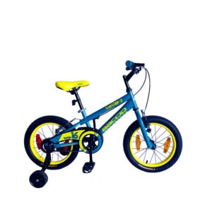 Bicicleta Baccio Bambino rodado 16 en color turquesa y amarillo, con ruedas auxiliares y diseño deportivo para niños