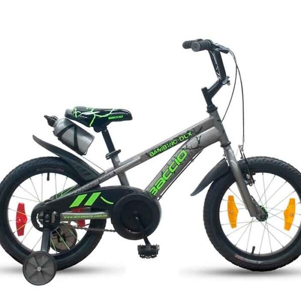 Bicicleta Baccio Bambino DLX rodado 16 en color gris, con ruedas auxiliares, guardabarros y diseño deportivo