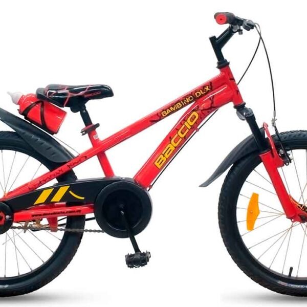 Bicicleta Baccio Bambino DLX rodado 20 en color rojo, con diseño deportivo, guardabarros y porta botellas