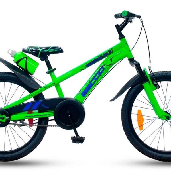 bambinodlx20verde Bicicleta Baccio Bambino DLX rodado 20 en color verde, con diseño deportivo, guardabarros y porta botellas