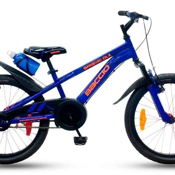 bambinodx20AZULl Bicicleta Baccio Bambino DLX rodado 20 en color azul, con diseño deportivo, guardabarros y porta botellas