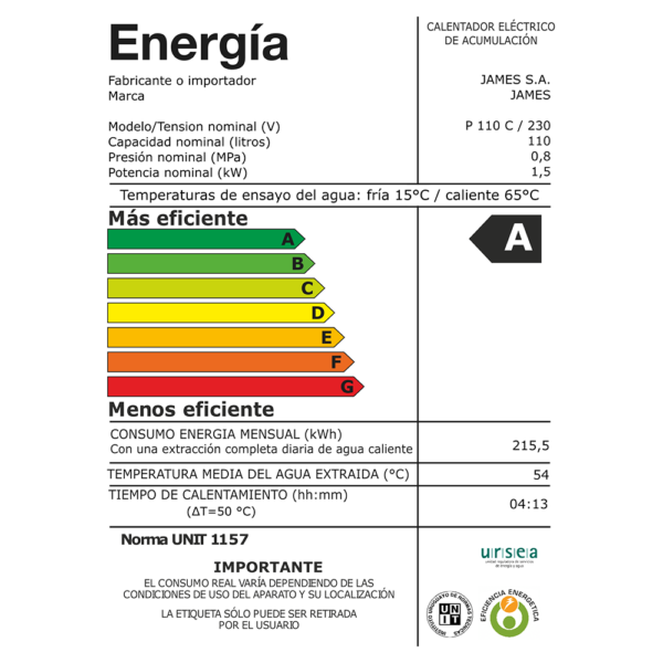 Termotanque Calefón James De Cobre 110 Litros Cilíndrico